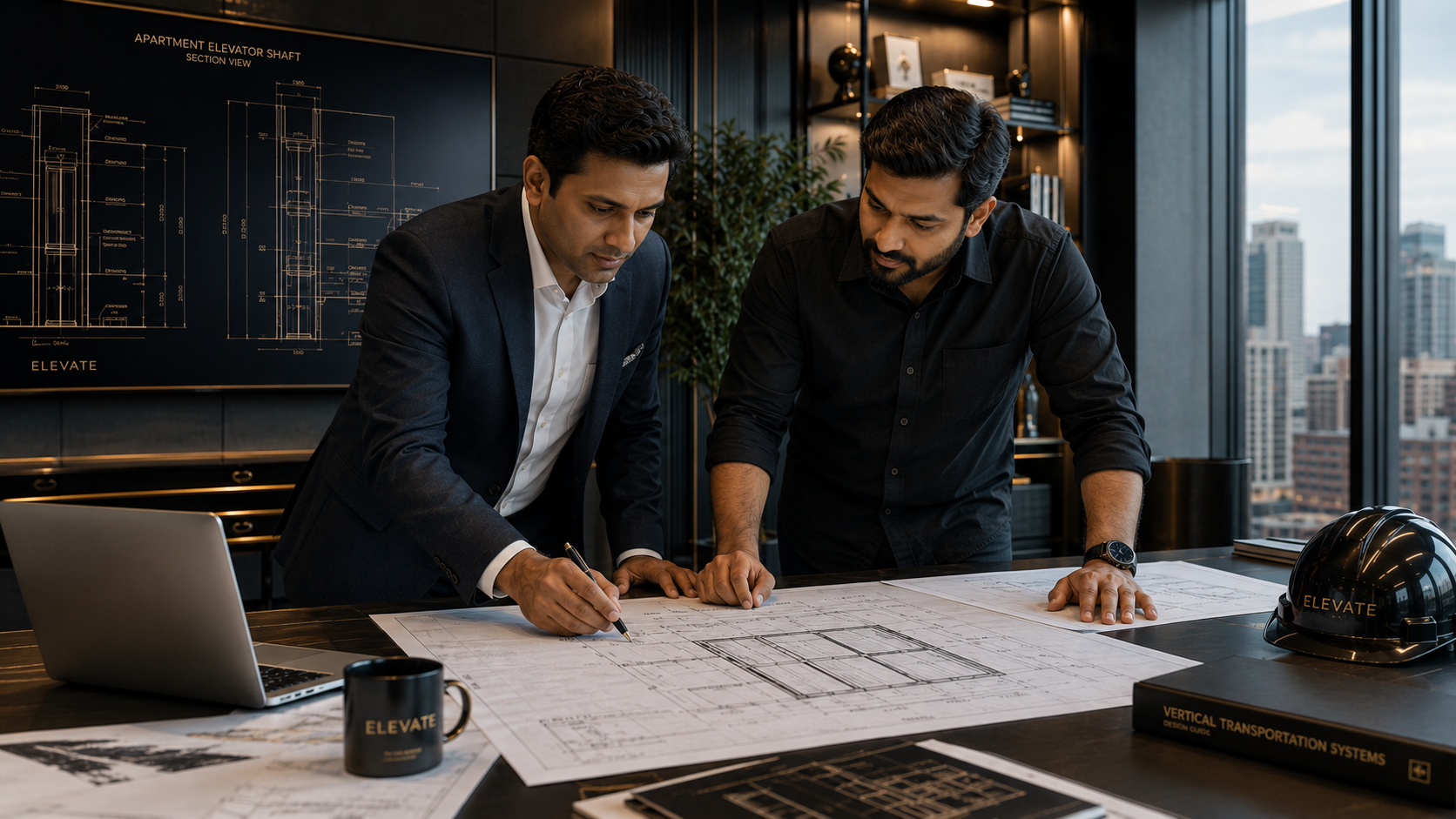 Architect and structural engineer reviewing elevator shaft planning drawings for apartment building project