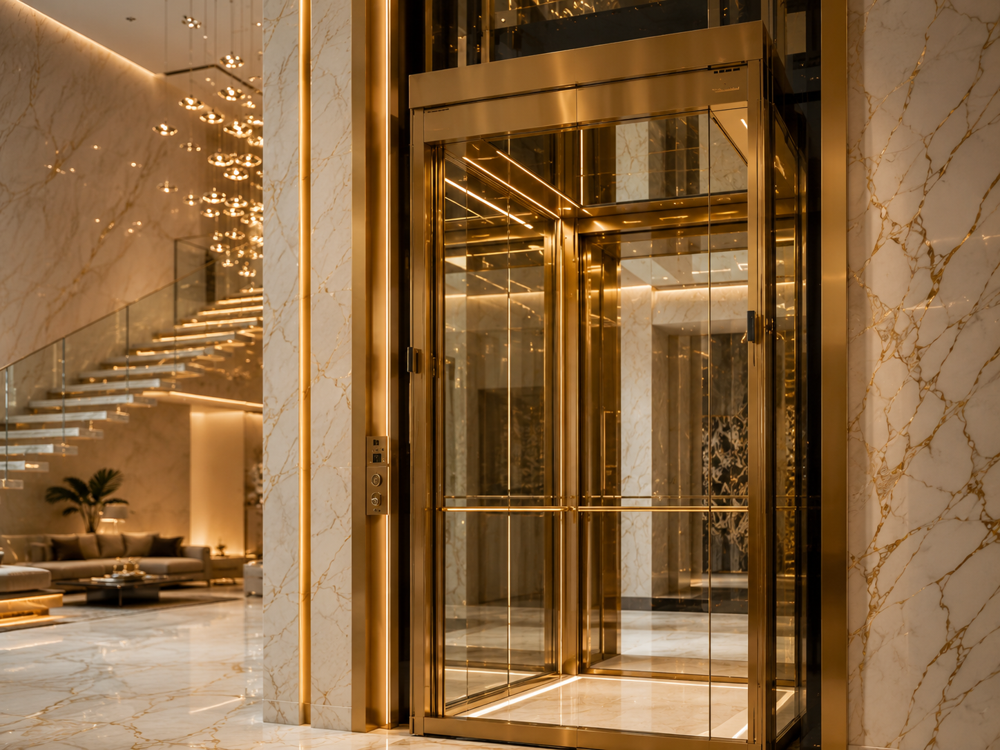 Premium panoramic glass elevator with champagne gold finishes by Volo Lifts