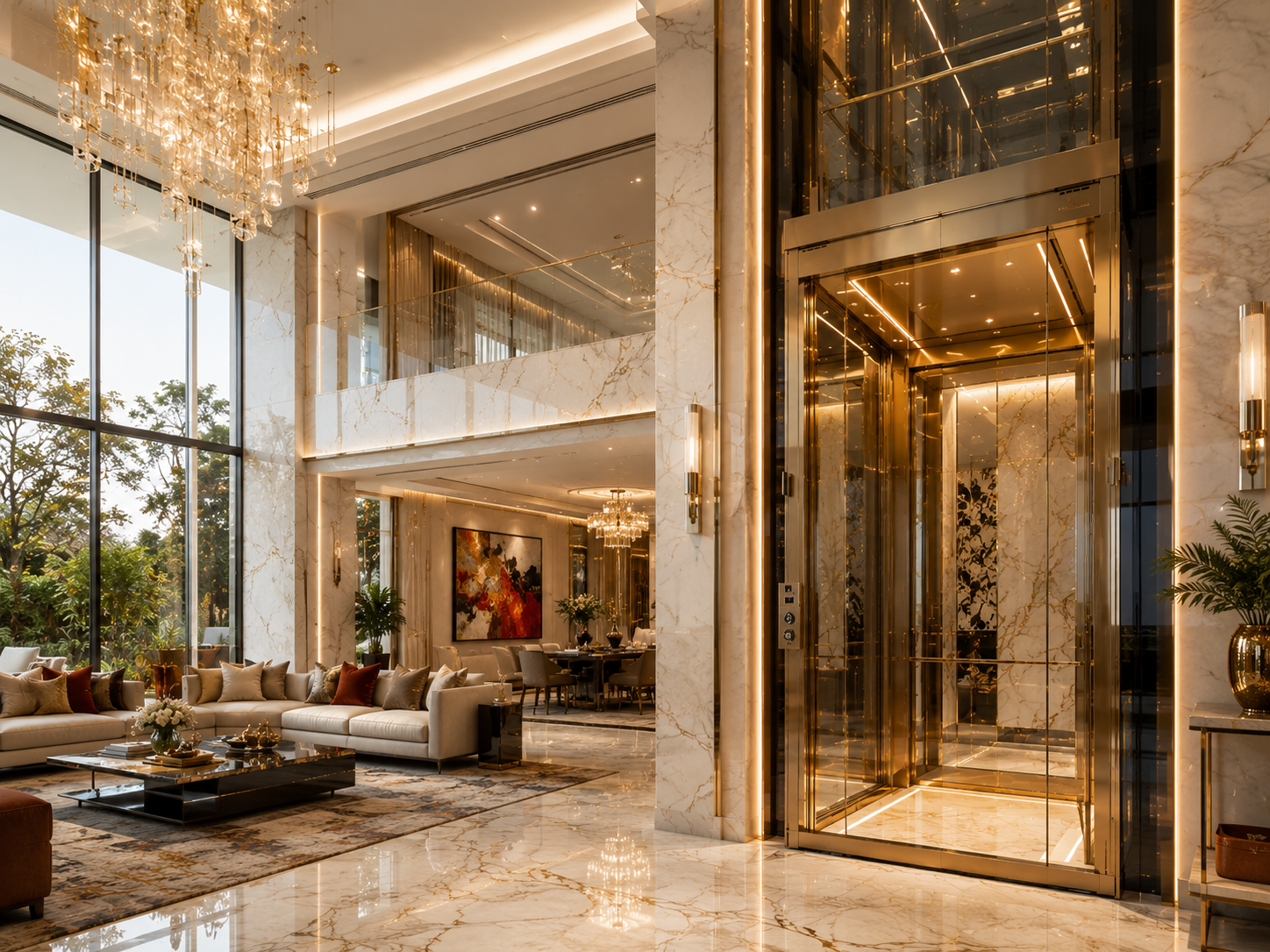 Luxury villa interior featuring integrated residential elevator by Volo Lifts