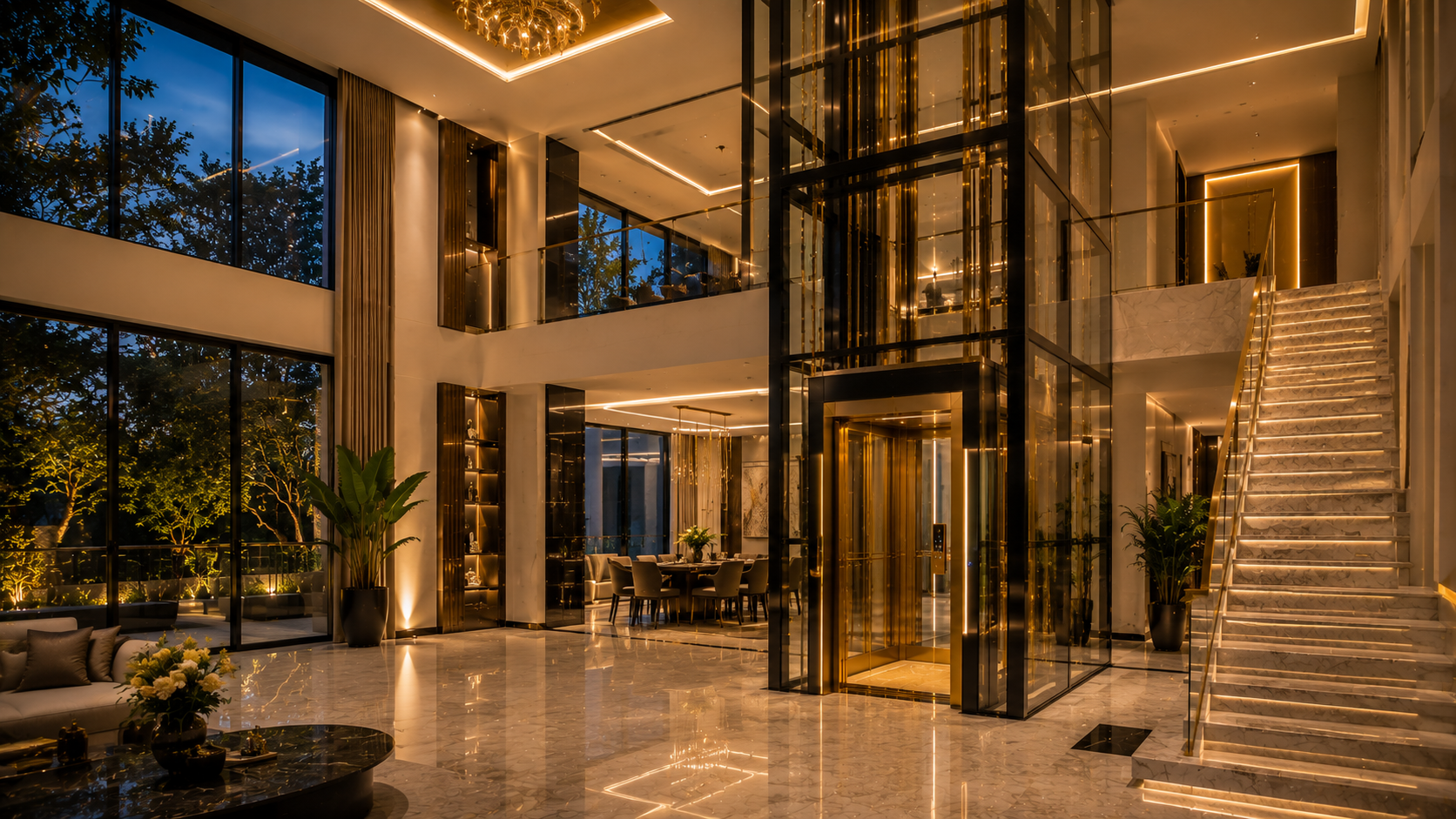 Completed luxury villa featuring panoramic glass home elevator installation
