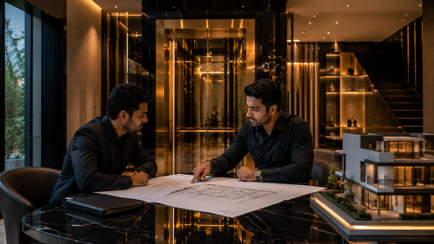 Architect and elevator consultant reviewing luxury villa elevator plans
