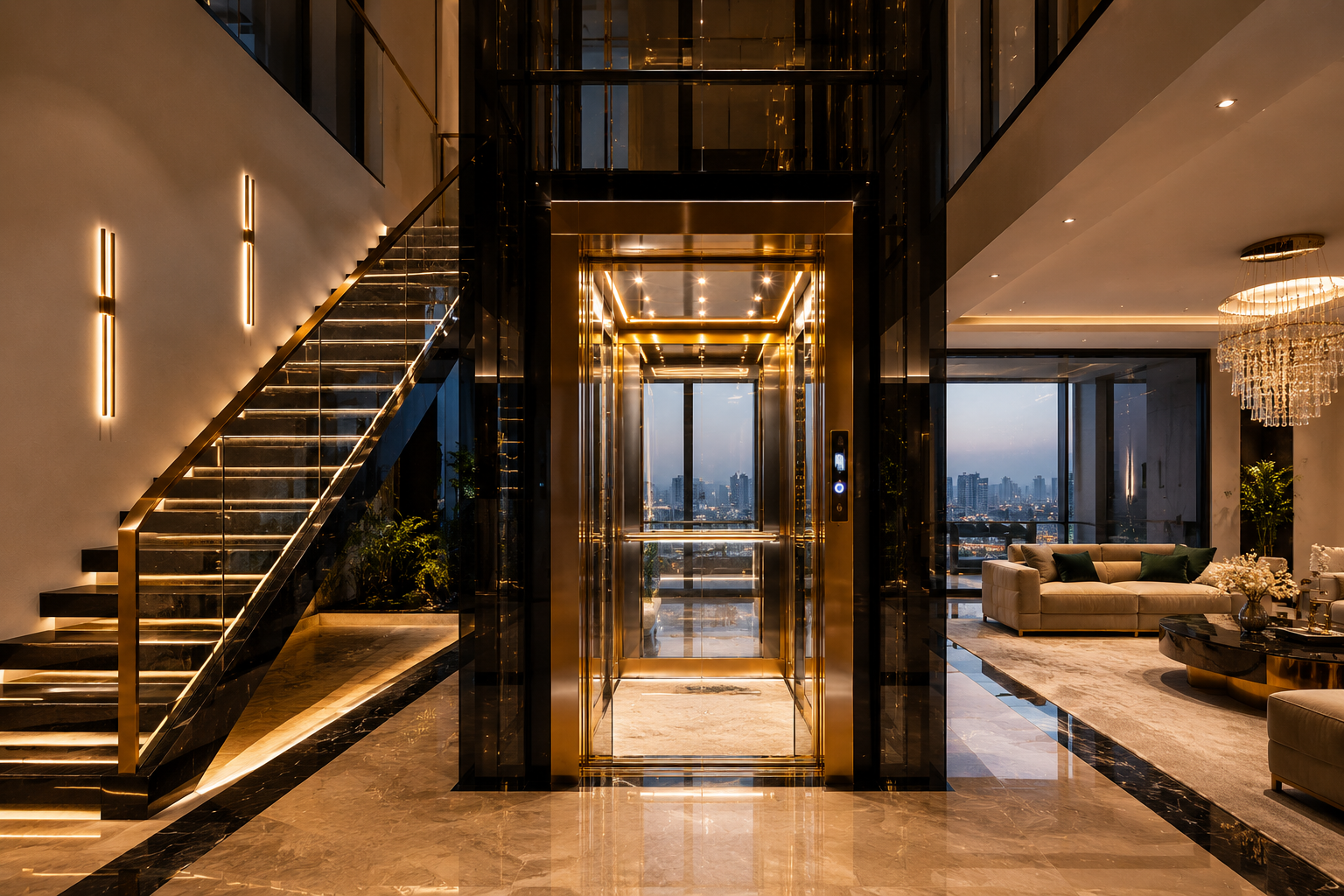 Premium traction home elevator with panoramic glass cabin in luxury residence