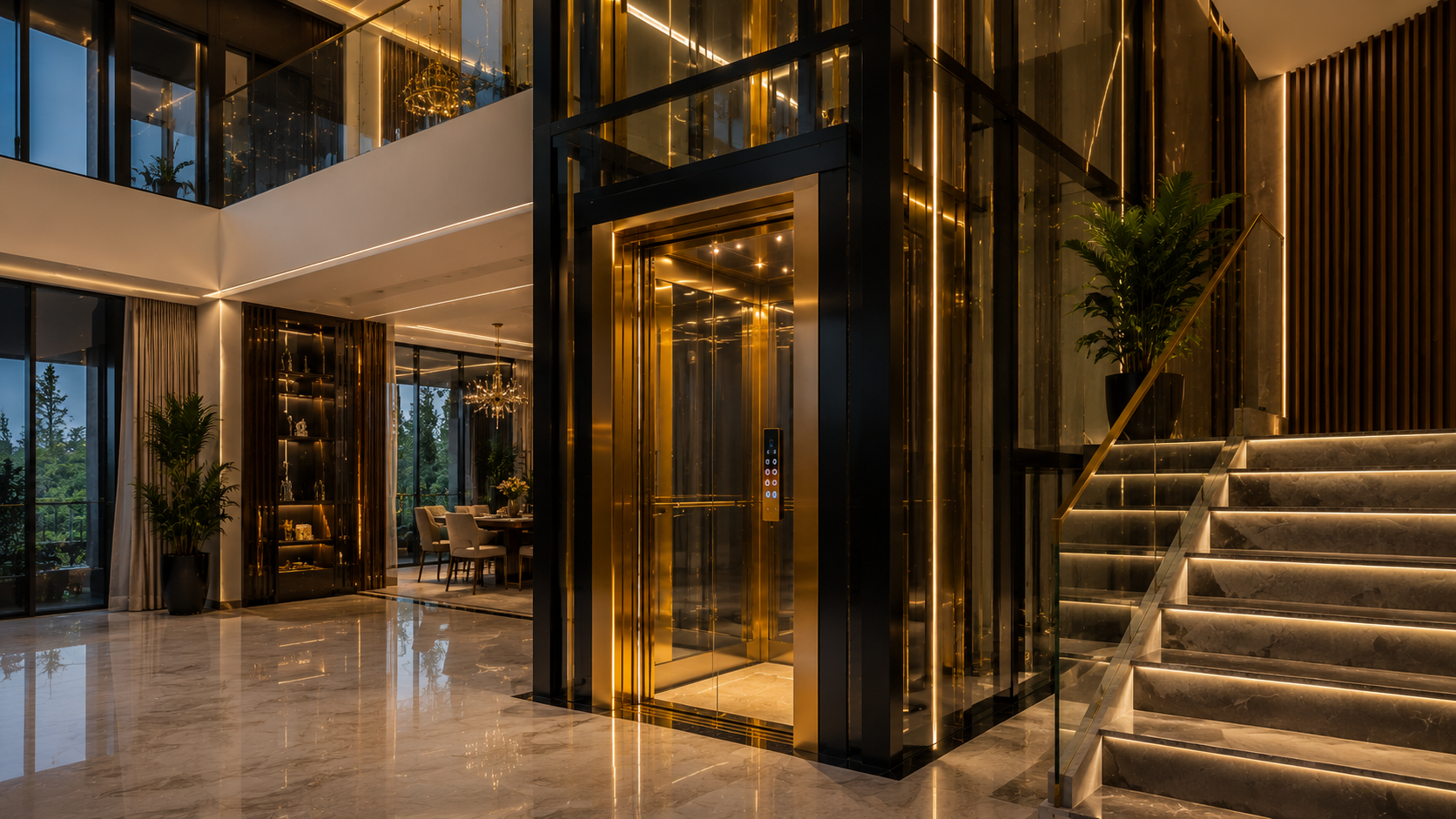 Energy efficient luxury home elevator installed in sustainable modern villa