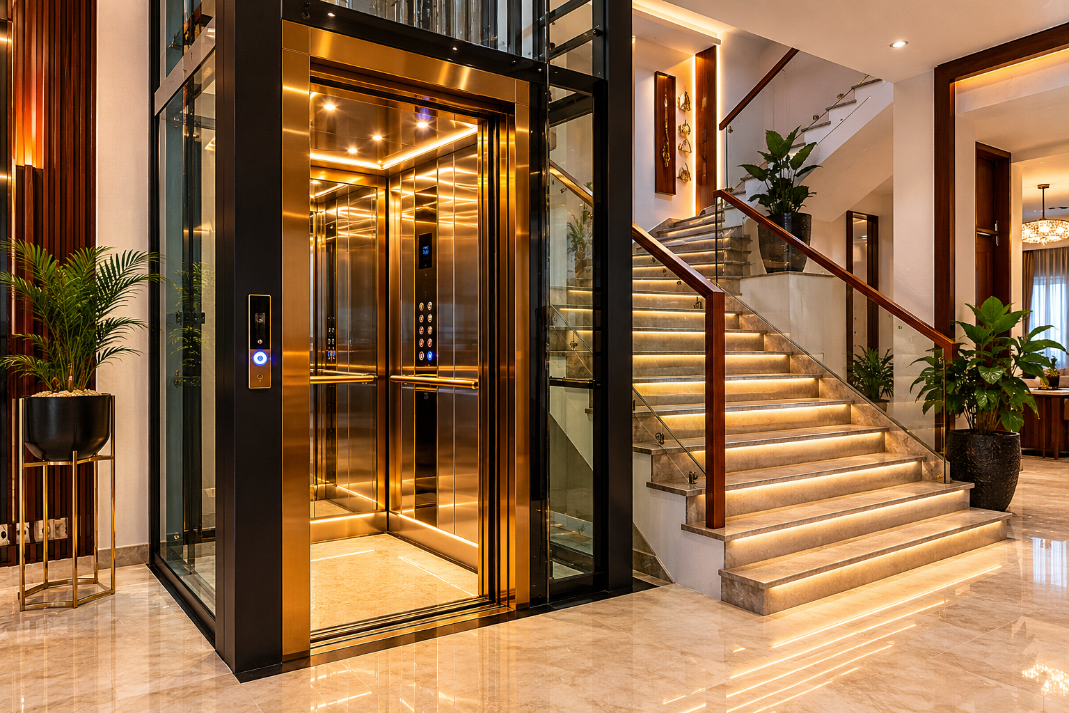 Luxury hydraulic home elevator installed inside modern Bangalore villa