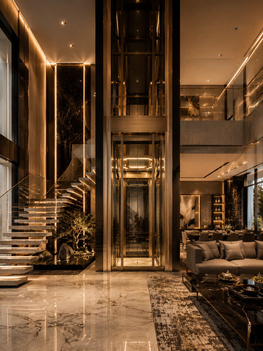 Volo Ghost luxury home lift integrated into a premium duplex villa with floating staircase, panoramic glass enclosure and champagne bronze finishes