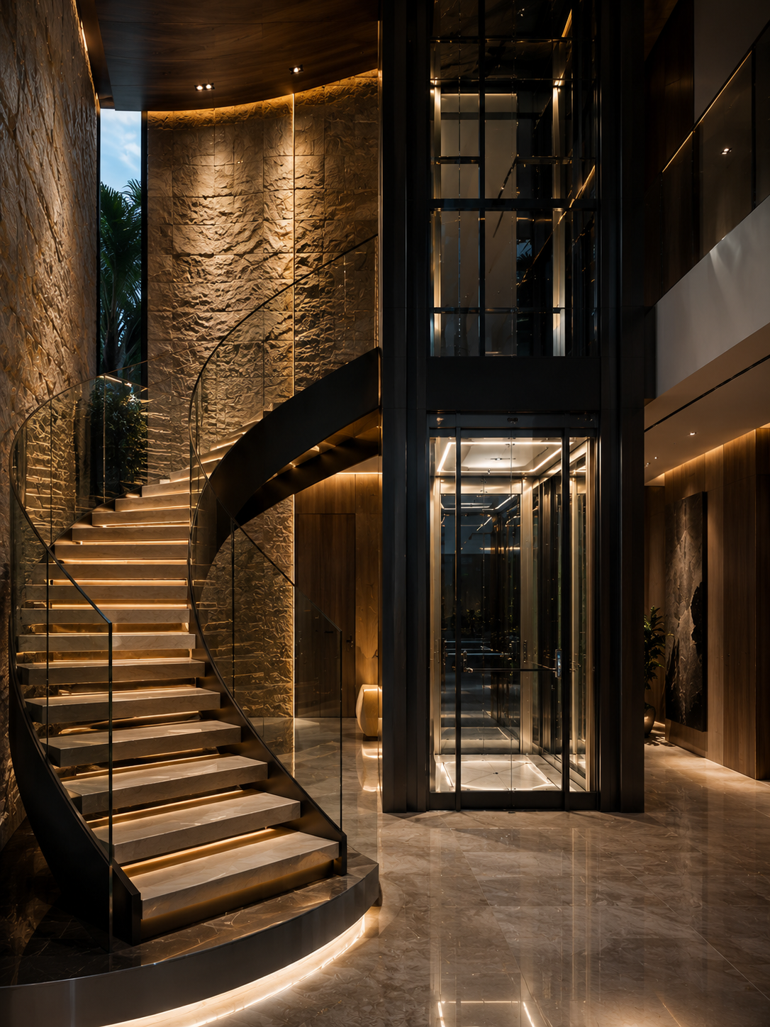 Volo Ghost panoramic residential elevator beside curved staircase in a luxury villa interior with marble flooring and architectural lighting