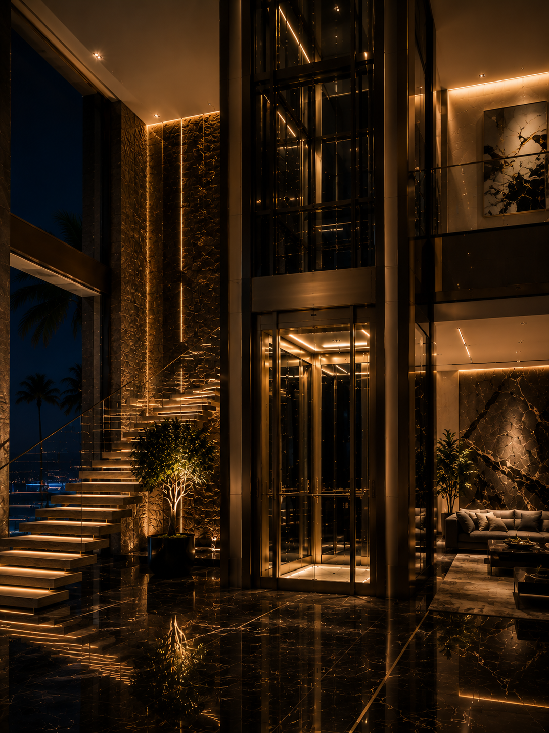 Volo Ghost illuminated luxury home elevator in a contemporary villa featuring bronze detailing, panoramic glass walls and premium interior architecture