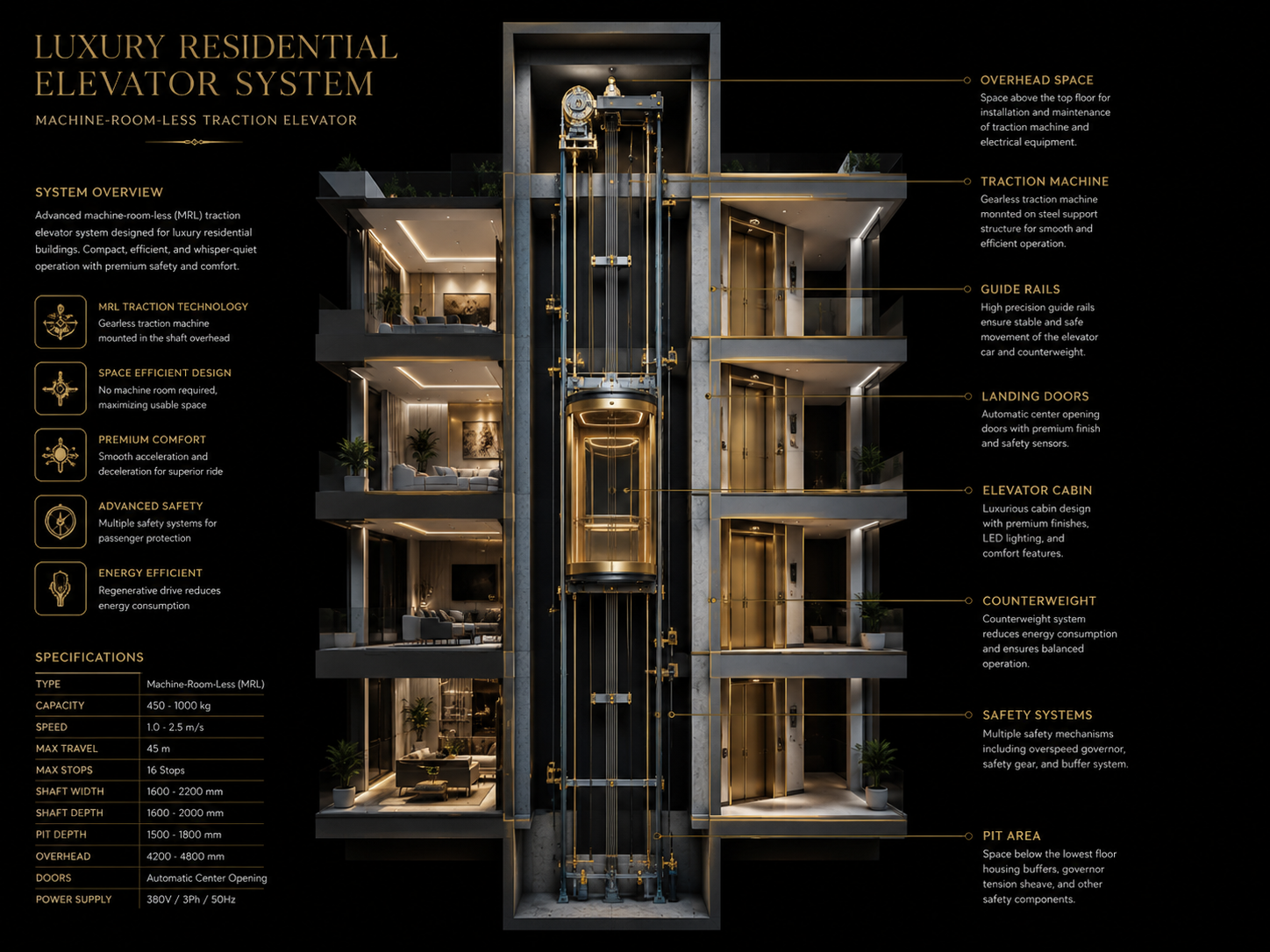 Residential elevator shaft diagram showing cabin guide rails pit overhead and landing doors