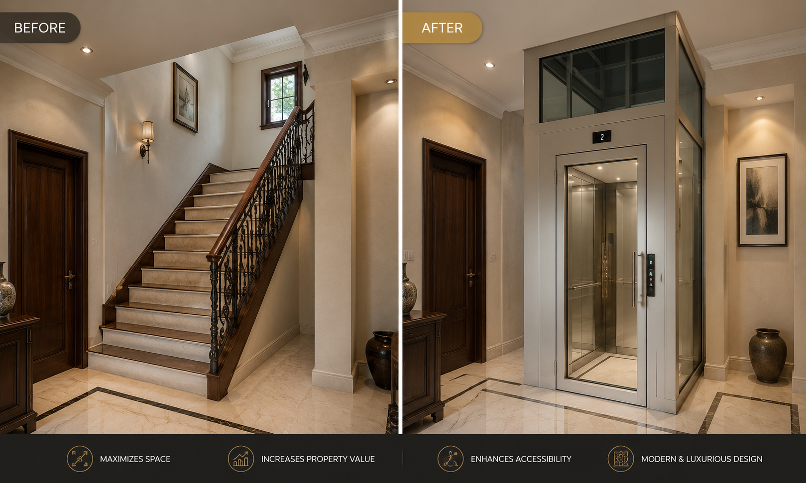 Before and after residential elevator retrofit inside existing home staircase
