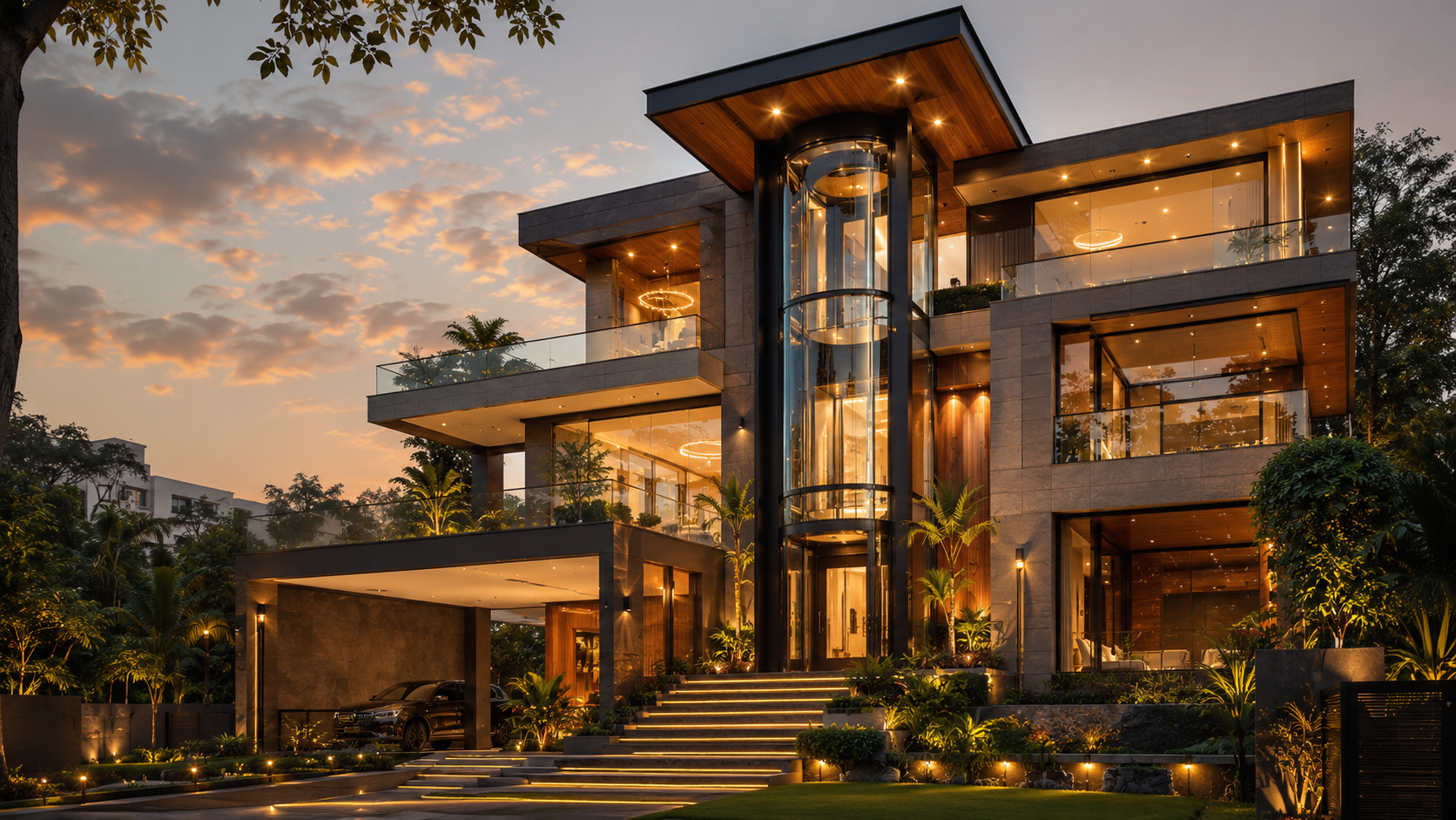 Luxury villa with integrated panoramic elevator and architectural home lift design