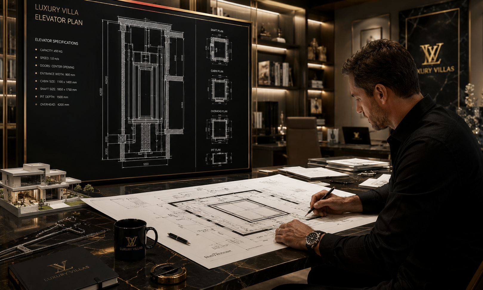 Architect planning residential elevator shaft dimensions for luxury villa project