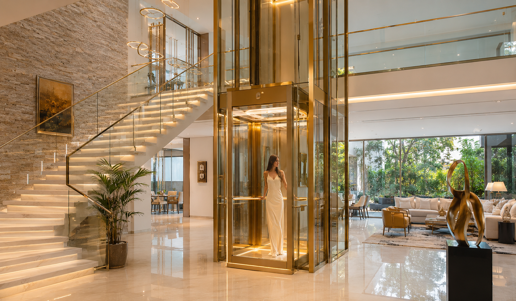 Volo Phantom glass home elevator becoming an architectural feature inside a luxury villa