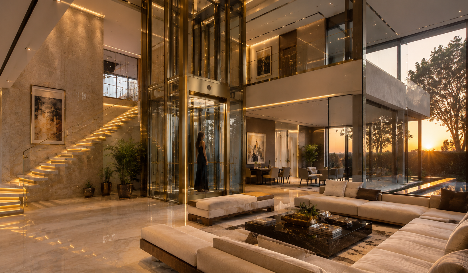 Luxury villa featuring Volo Phantom panoramic glass elevator as an architectural centerpiece