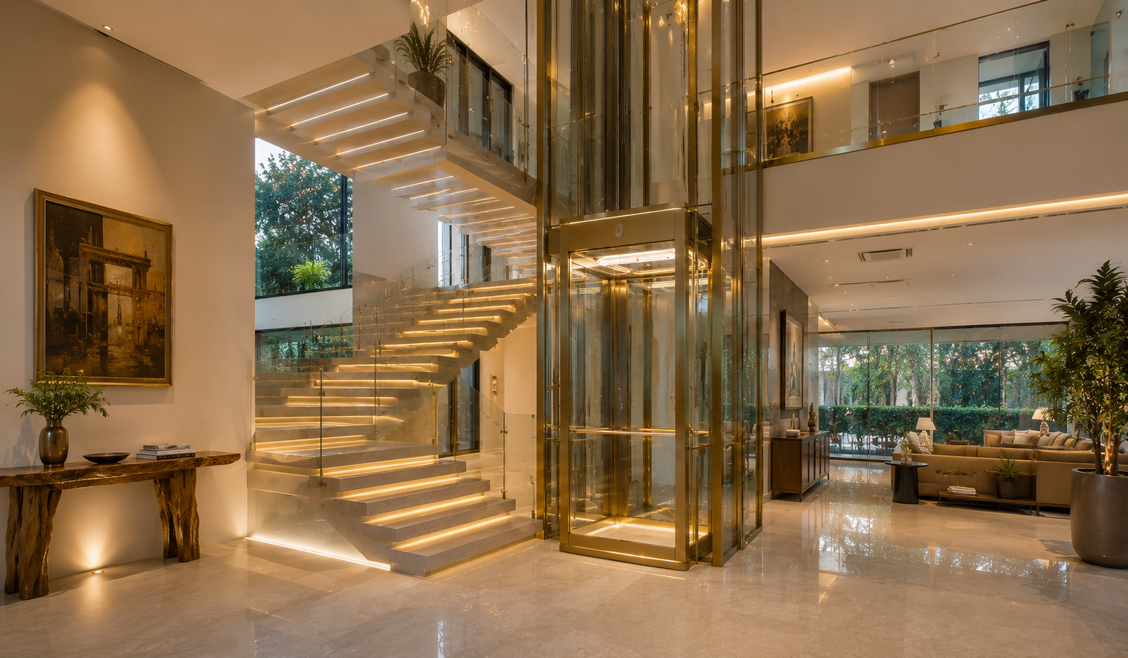 Volo Phantom panoramic glass elevator integrated into a luxury villa staircase atrium with floating stairs