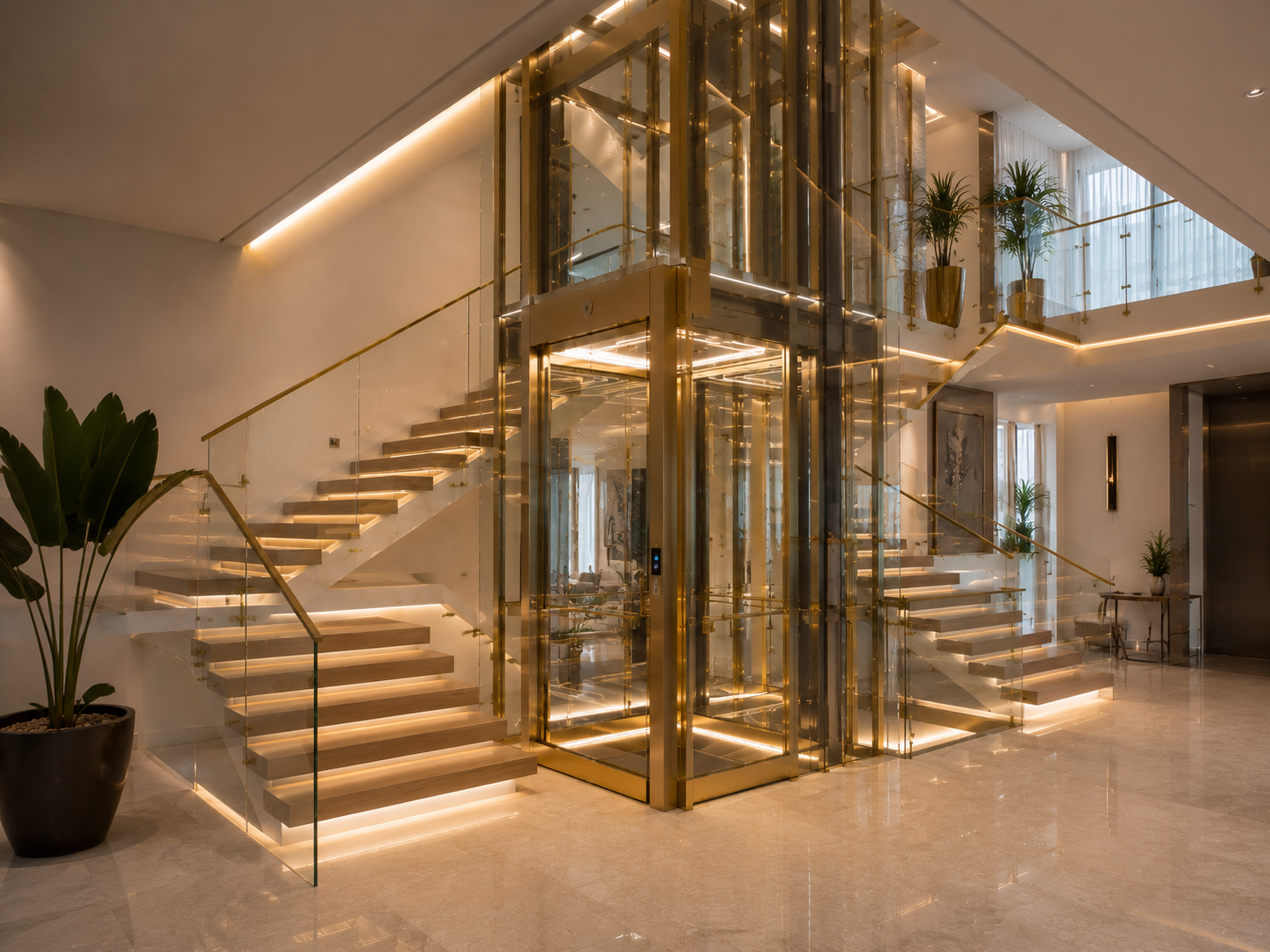 Volo Phantom panoramic home elevator installed within a luxury villa staircase void