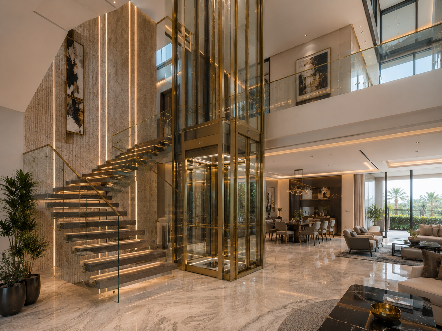 Volo Phantom panoramic glass elevator positioned within a luxury villa atrium