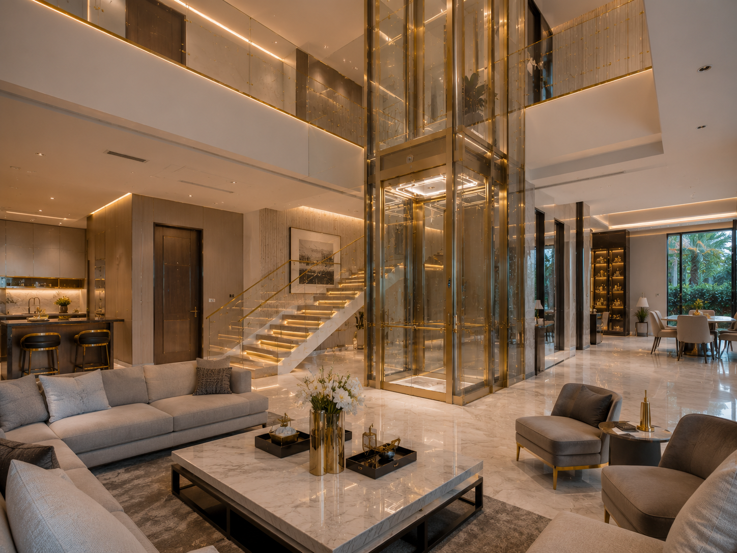 Volo Phantom glass home elevator integrated into a luxury villa living room