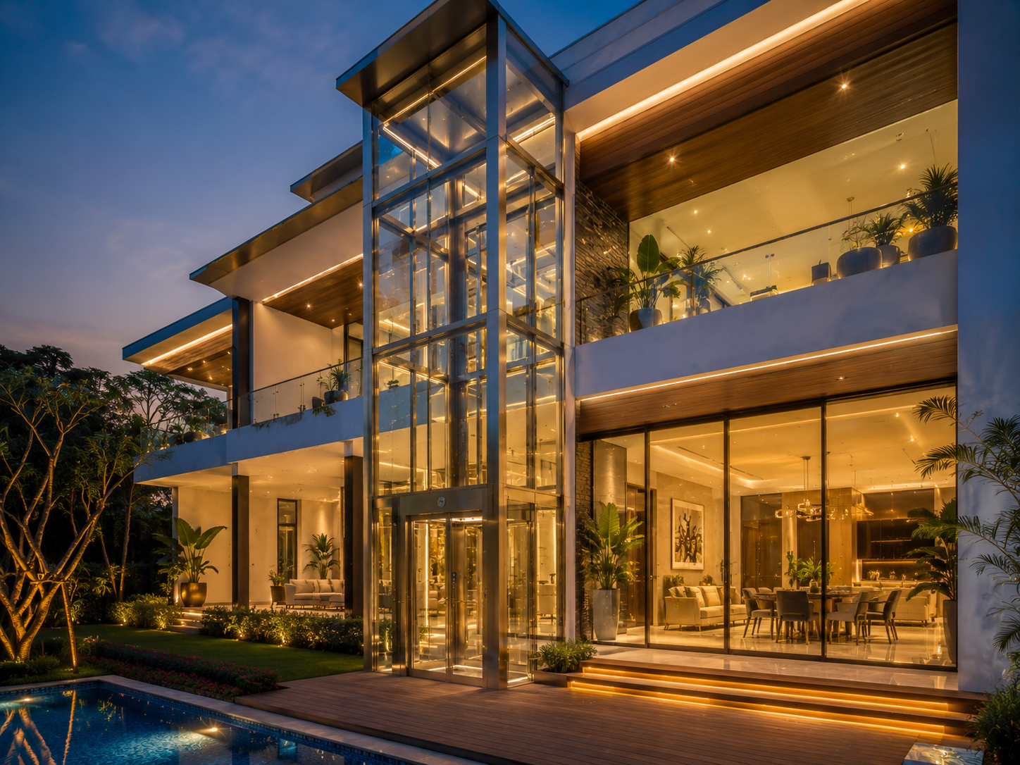 External Volo Phantom panoramic glass elevator tower attached to a luxury villa
