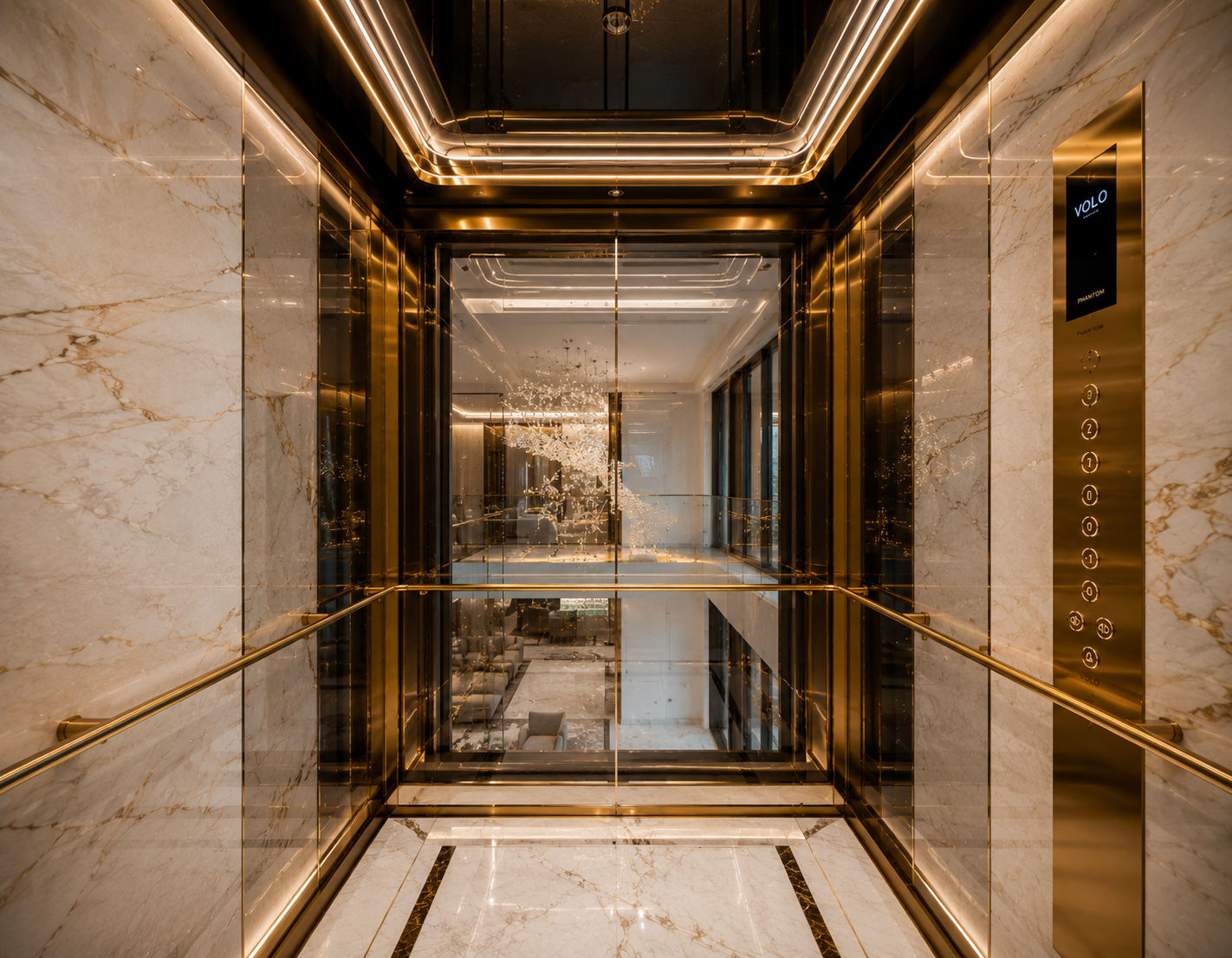 Luxury interior cabin of Volo Phantom panoramic home elevator with premium finishes