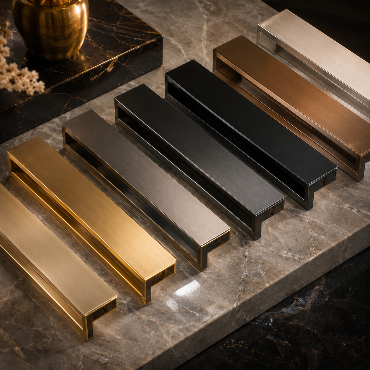 Volo Phantom elevator frame finish options including champagne gold titanium grey graphite black and bronze metallic