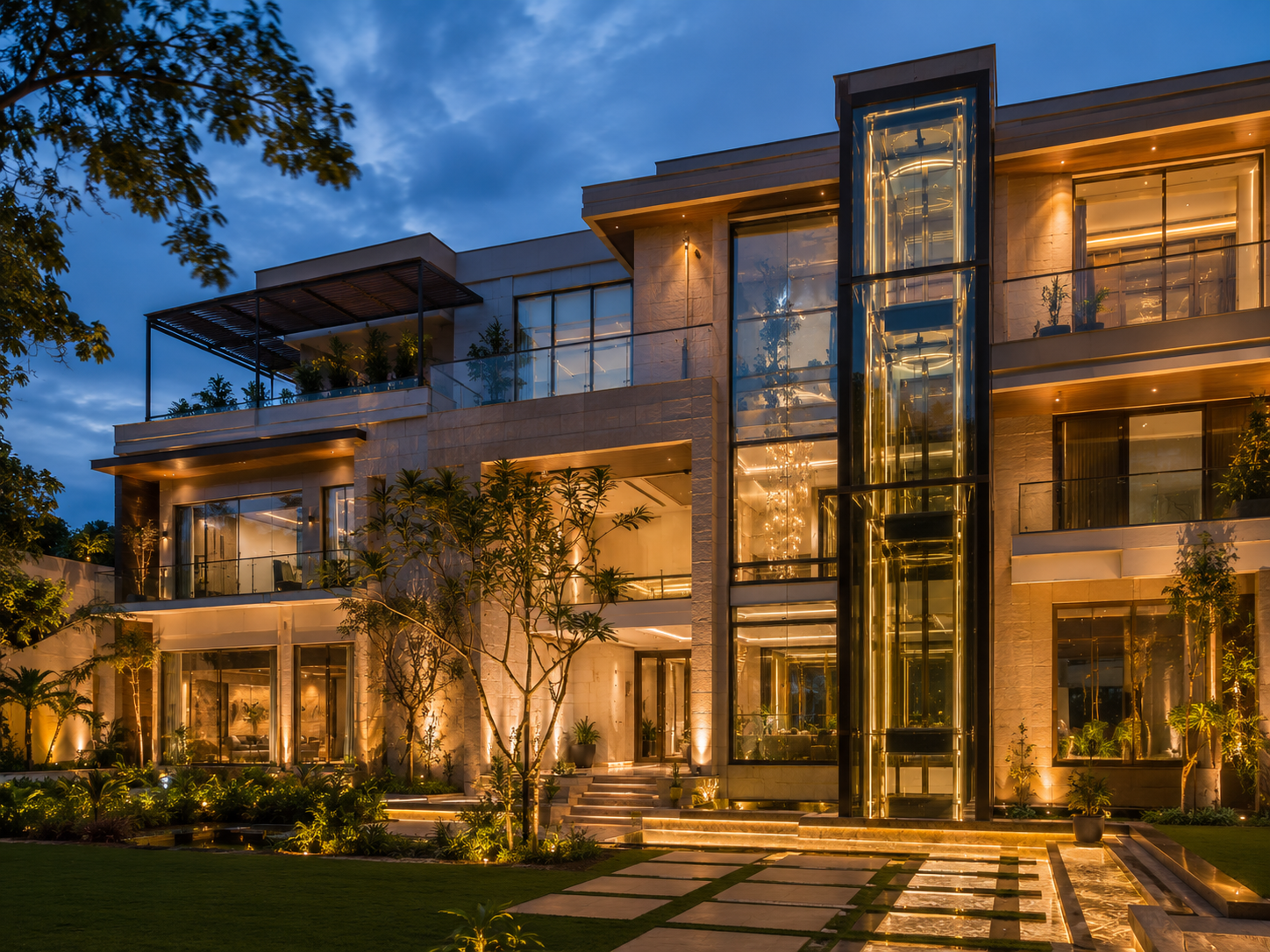 Panoramic glass home elevator installed in a luxury villa in Bangalore