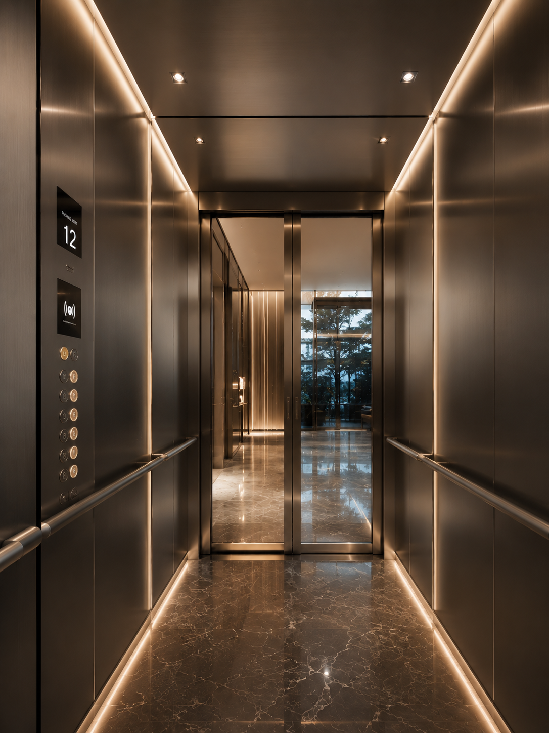 VOLO Spectre Titanium Luxury Elevator Cabin Interior with Contemporary Metallic Finishes