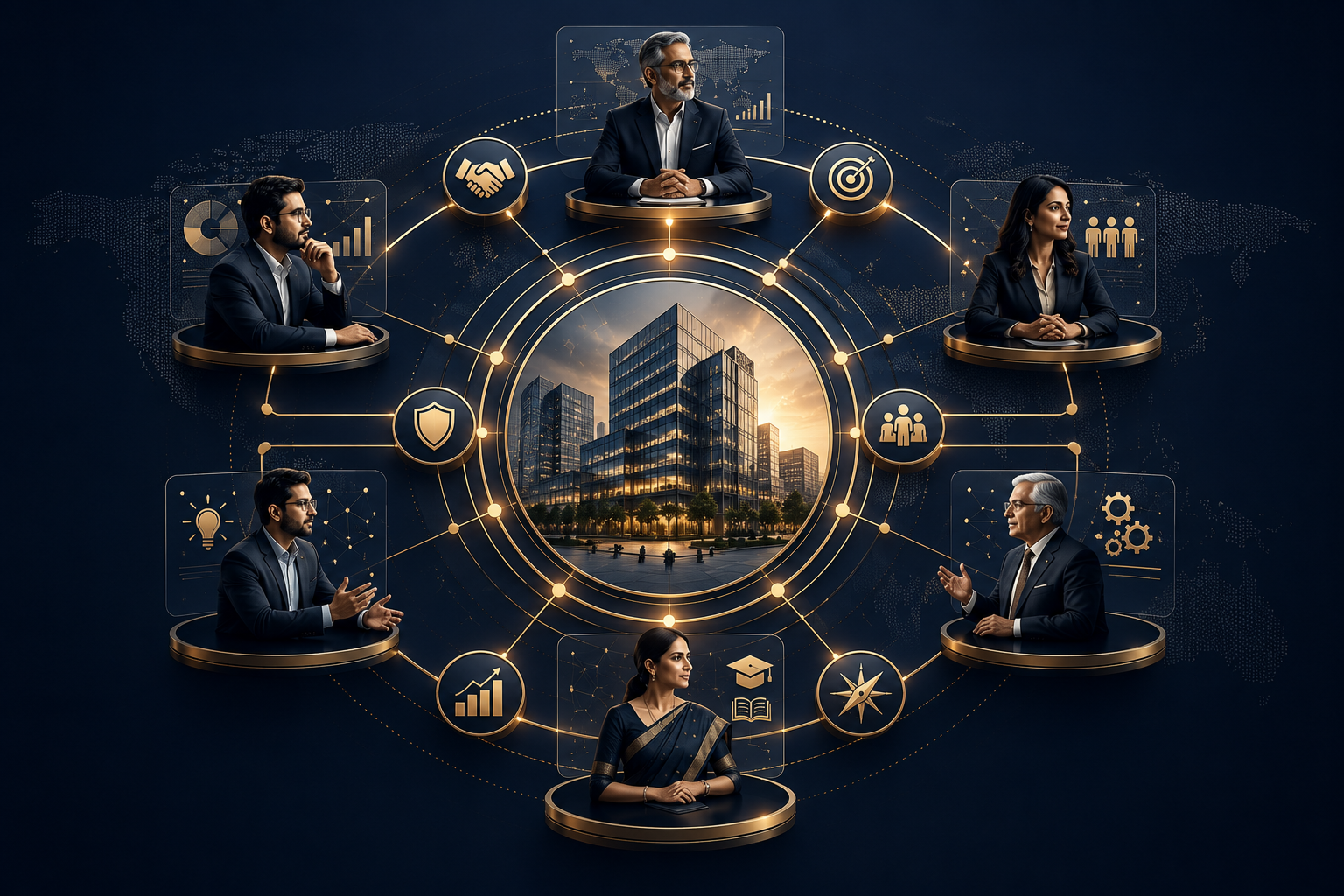 Business advisory ecosystem connecting founders investors advisors academics and technology leaders