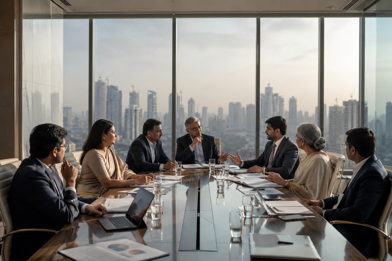 Corporate governance discussion among Indian business leaders focusing on transparency accountability and strategic decision making
