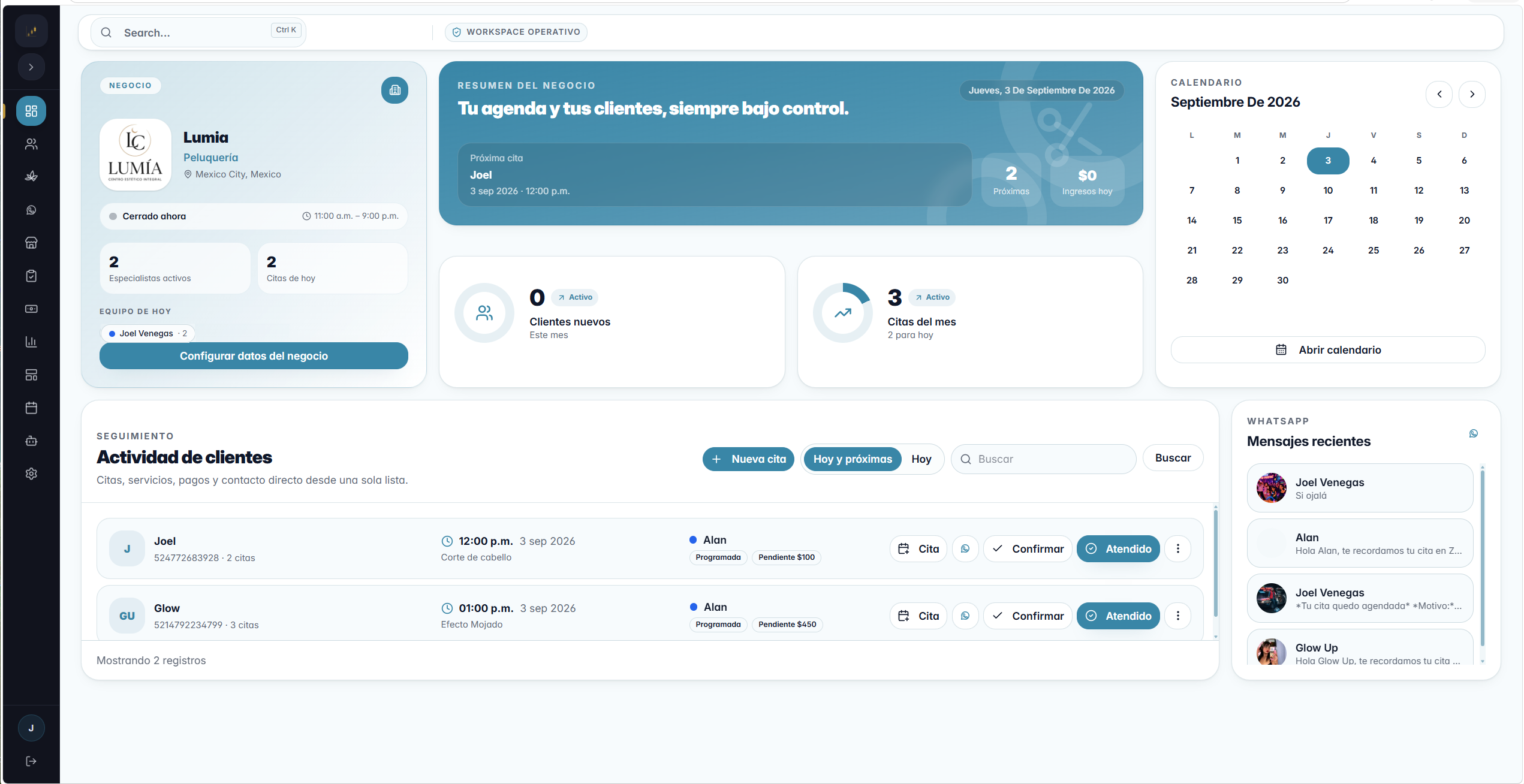 Ejemplo del dashboard de Zen CRM: agenda, especialistas, actividad de clientes y mensajes recientes
