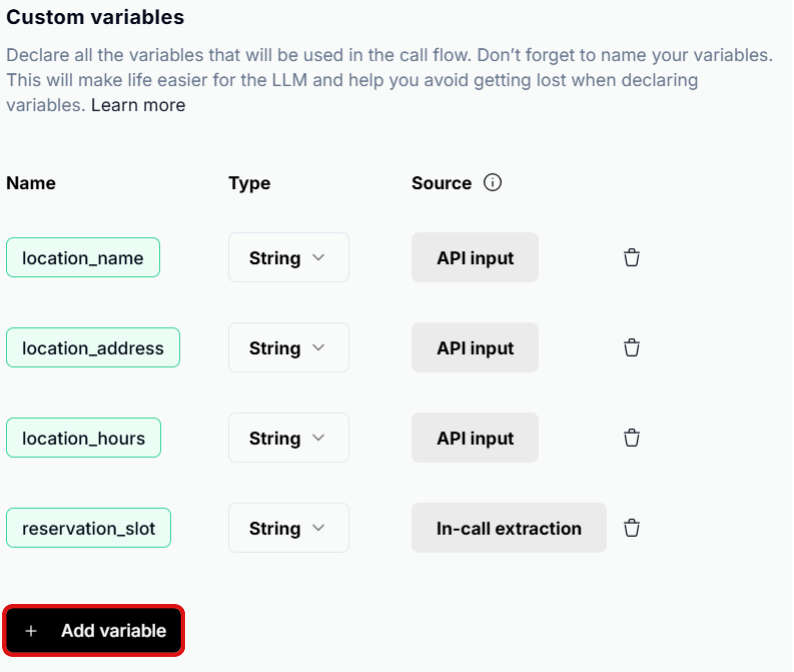 Add a new variable button