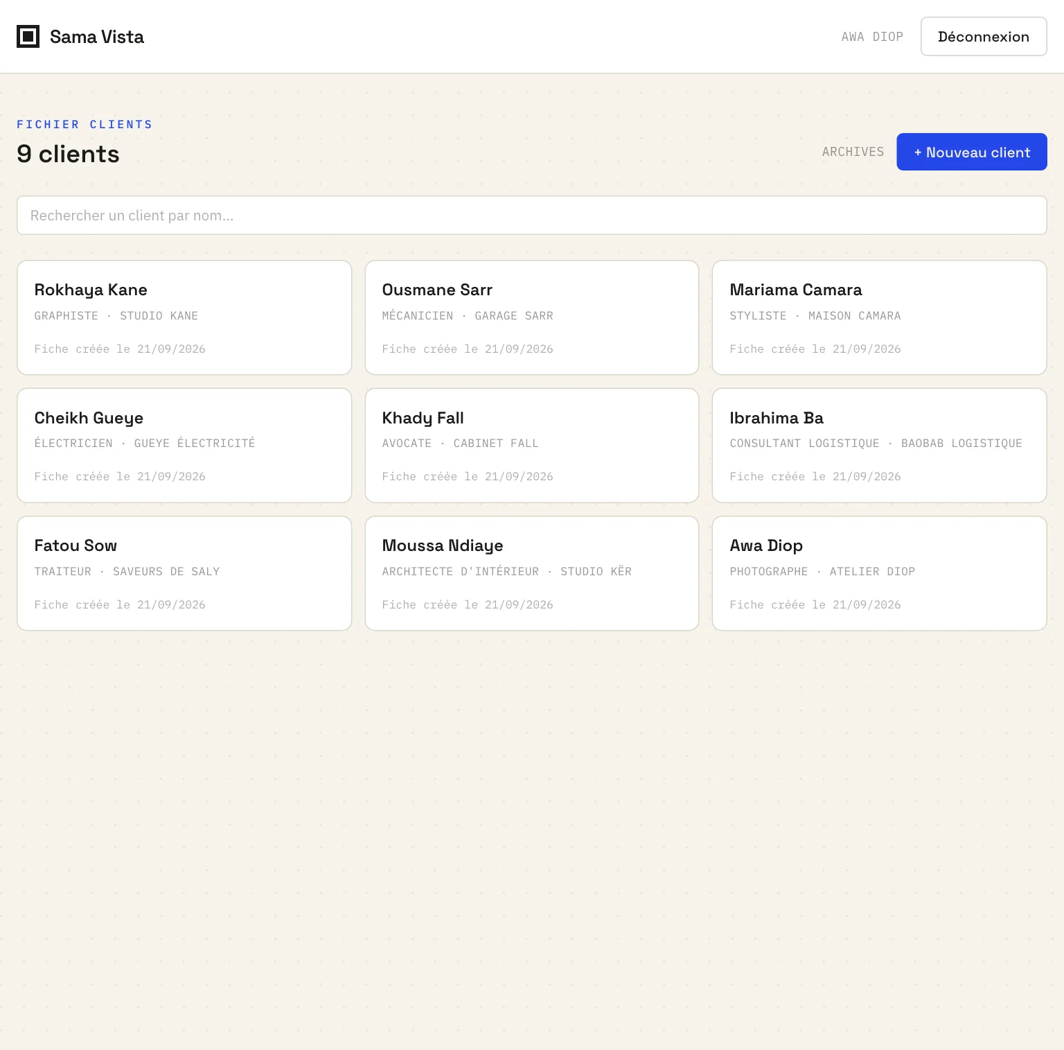 Liste des clients dans Sama Vista, avec la barre de recherche
