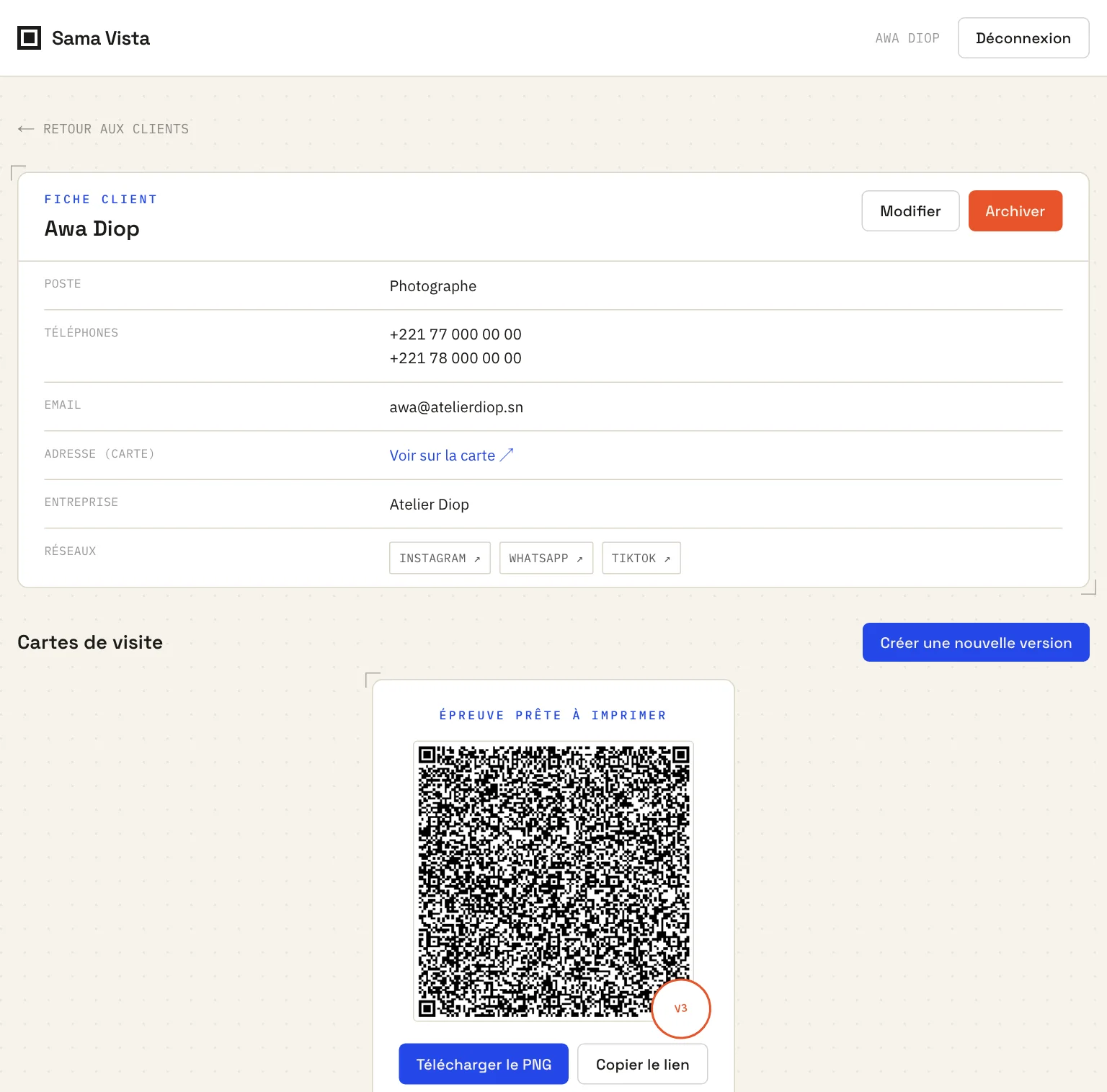 Fiche client avec son QR code prêt à imprimer
