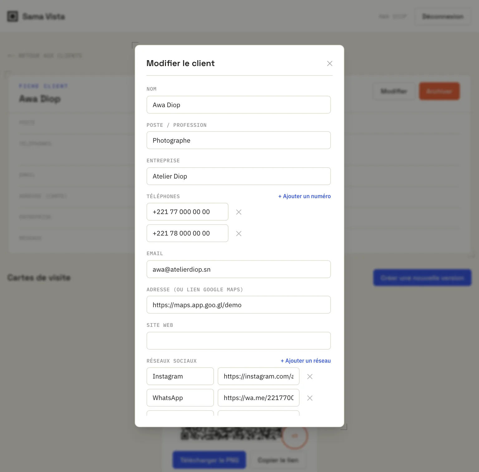 Formulaire de modification d’un client : plusieurs numéros, adresse Google Maps, réseaux sociaux