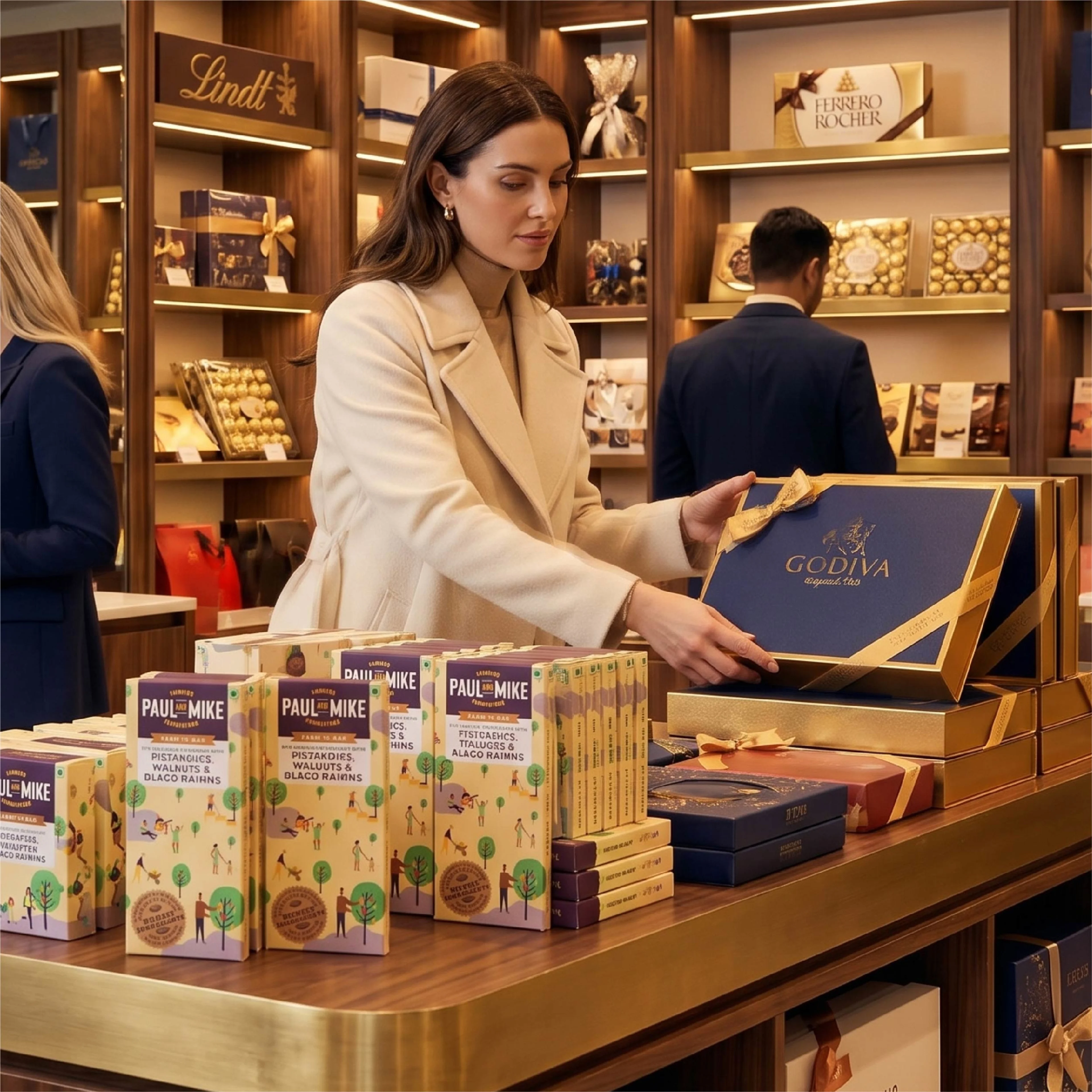 Paul and Mike craft chocolate on shelf beside global brands before brand strategy