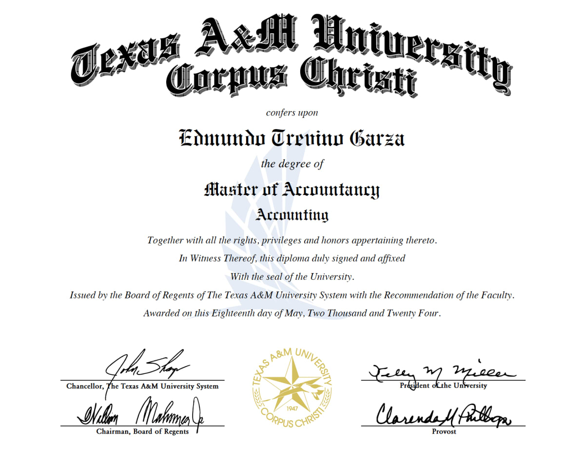 Diploma de Master of Accountancy de Texas A&M University–Corpus Christi a nombre de Edmundo Treviño Garza