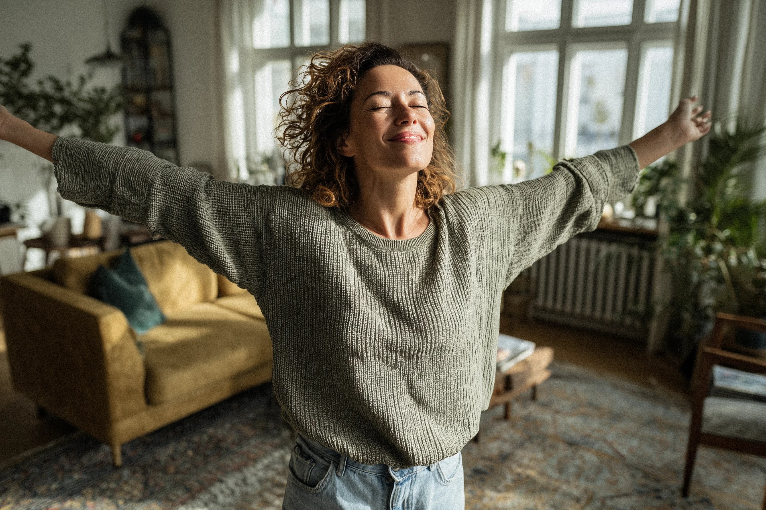 Woman breathing in fresh, clean air in a bright home