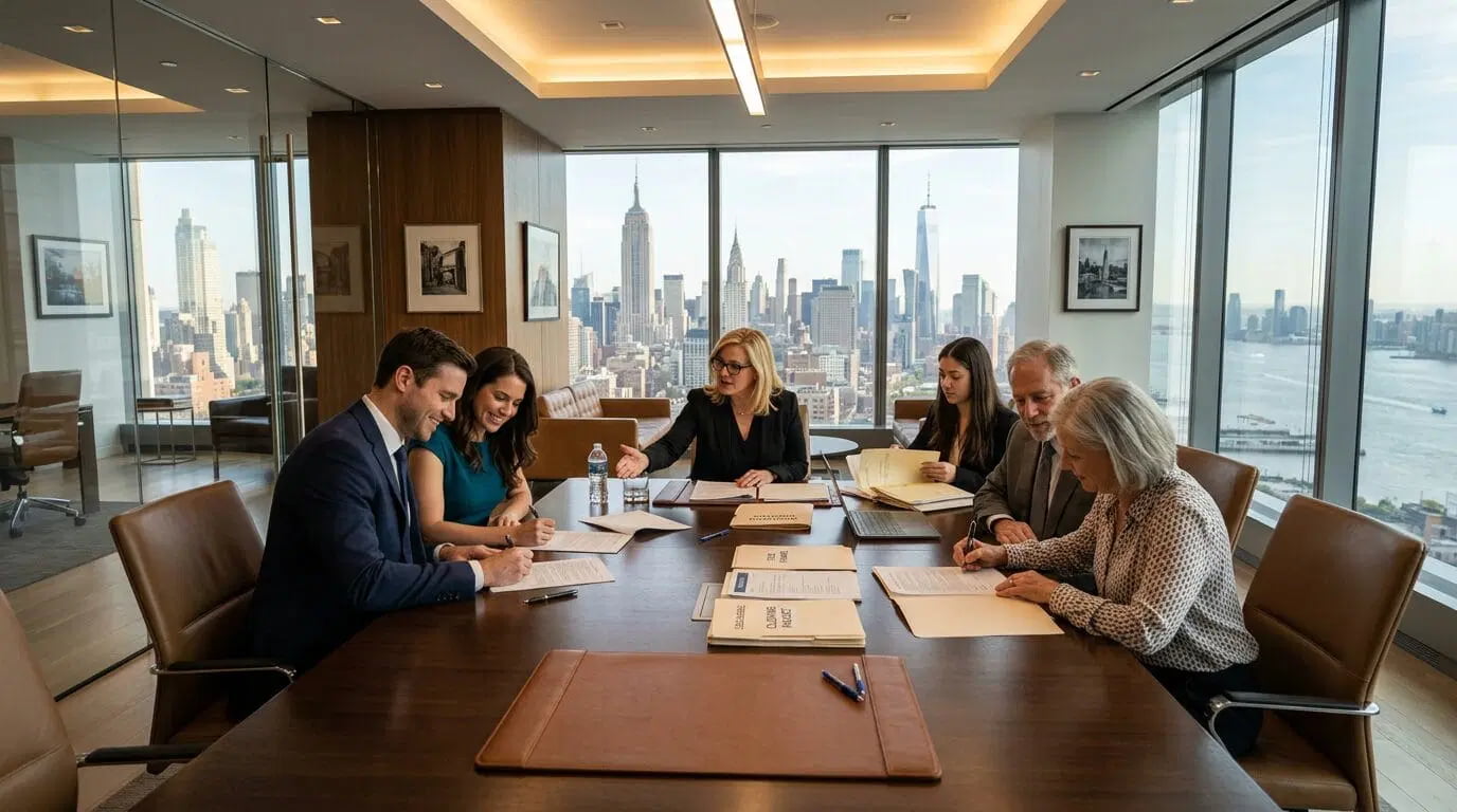 Buyers and real estate attorney reviewing NYC closing cost documents at a conference table