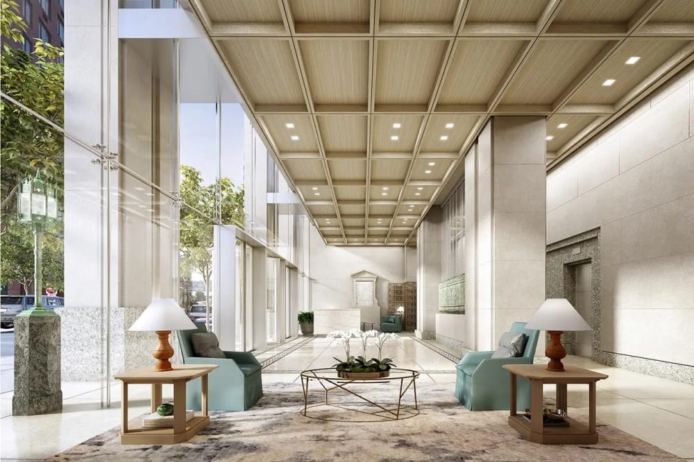 Sophisticated Manhattan apartment dining room and living area with designer furniture and dramatic city views