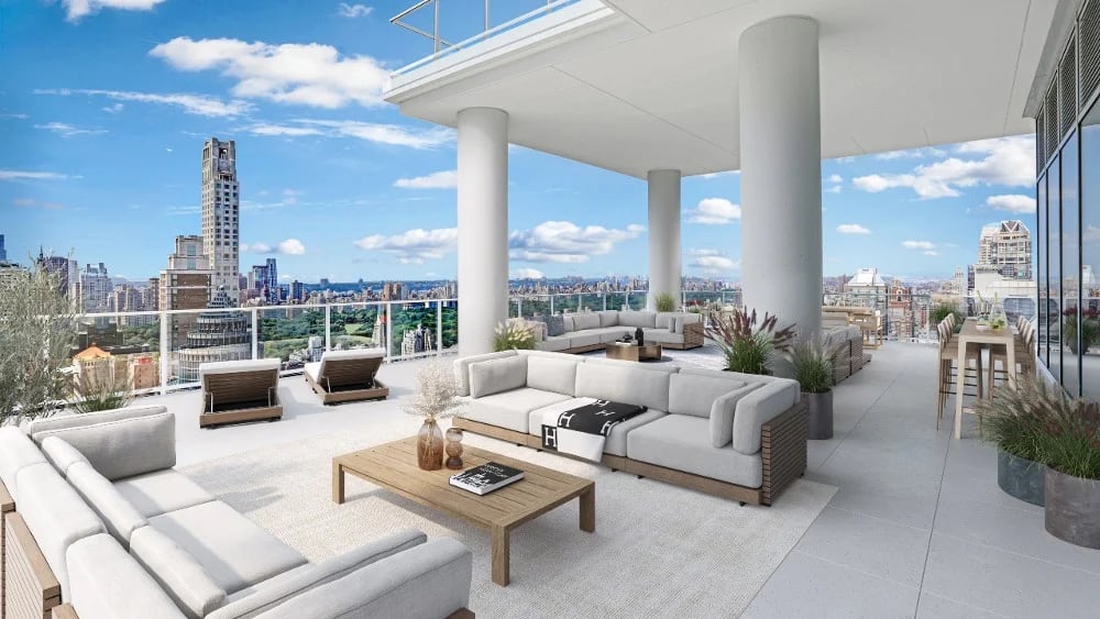 Furnished terrace amenity space typical of NoMad luxury residential towers