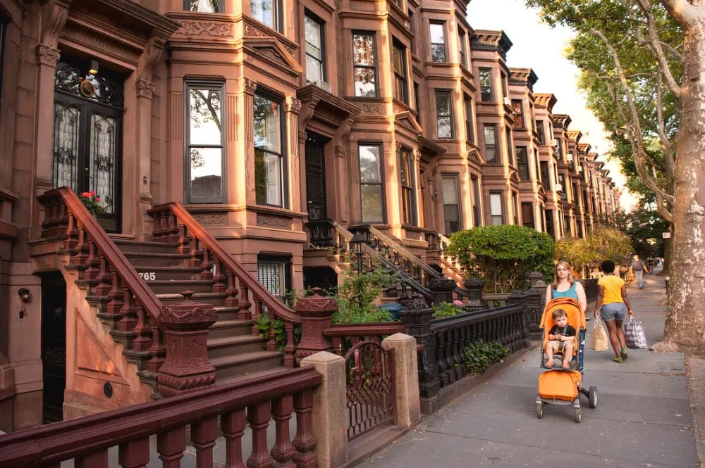 Tree-lined Brooklyn brownstone street showing classic residential architecture