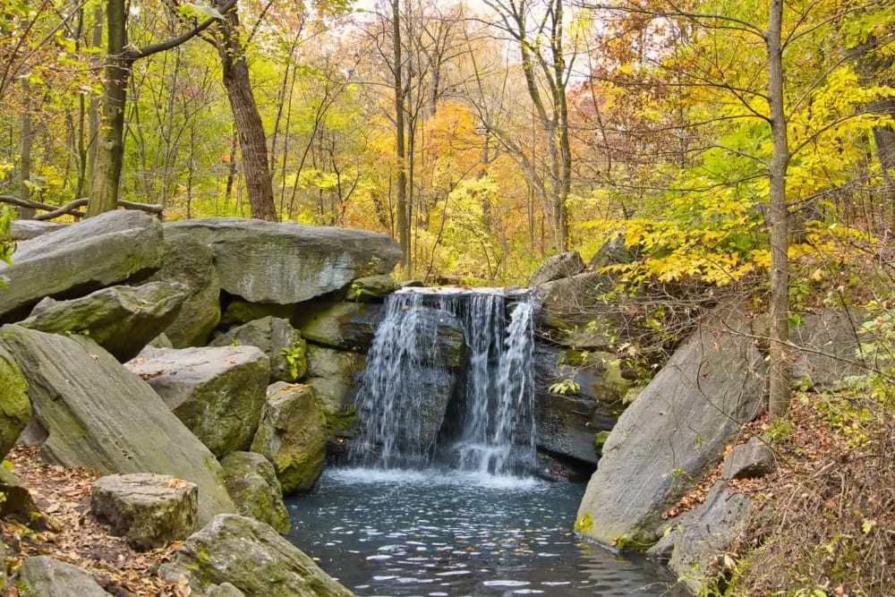 The Loch waterfall in Central Park's North Woods, shaded by summer tree canopy