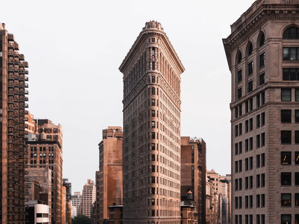 The Flatiron Building viewed from Fifth Avenue, marking the southern edge of the NoMad neighborhood