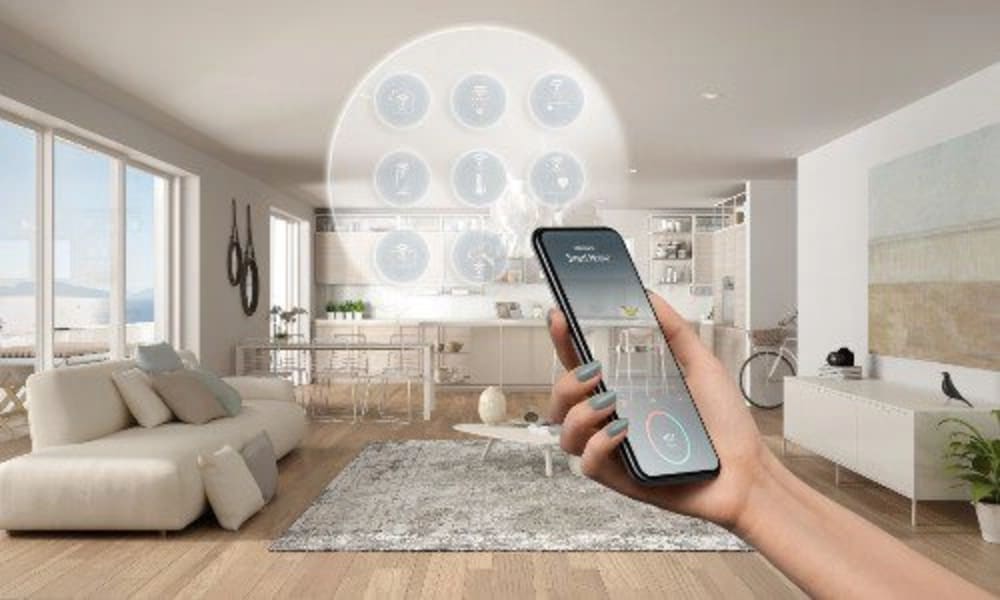 Integrated smart home living room with voice-controlled automation in a NYC penthouse