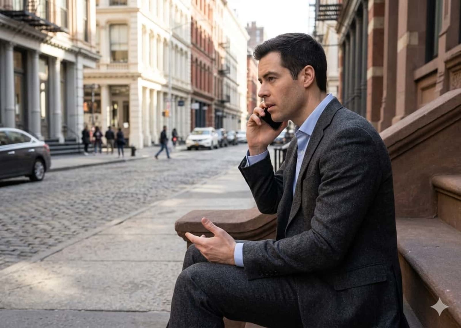 Curtis Bain on the stoop of a New York City townhouse