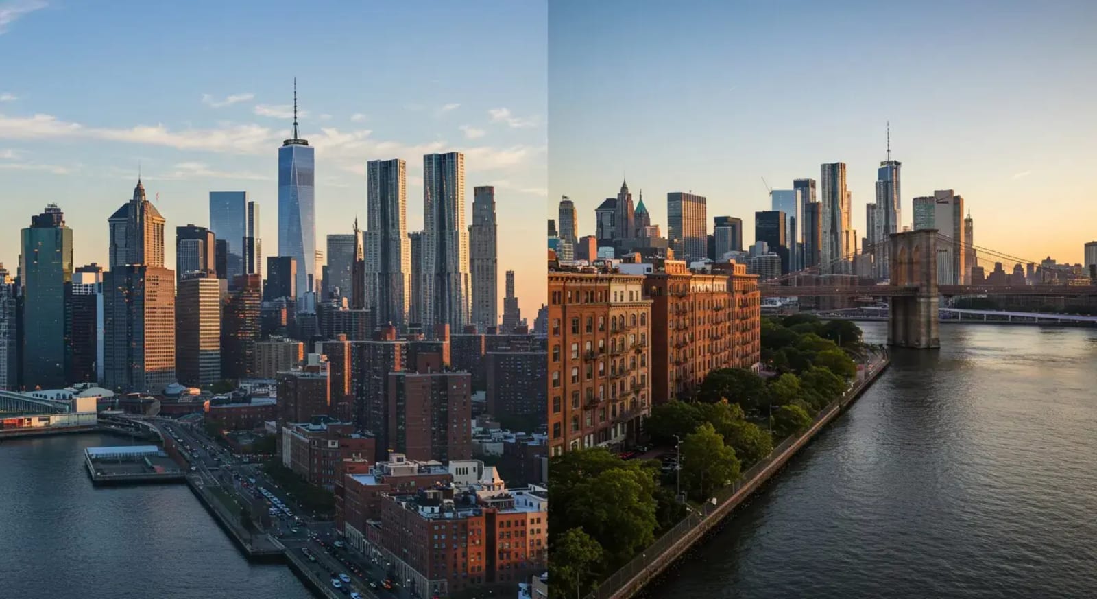 Manhattan and Brooklyn skylines side by side across the East River at sunset