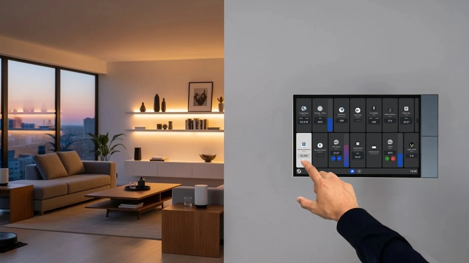 Smart home technology dashboard controlling lighting, climate, and security in a NYC luxury apartment