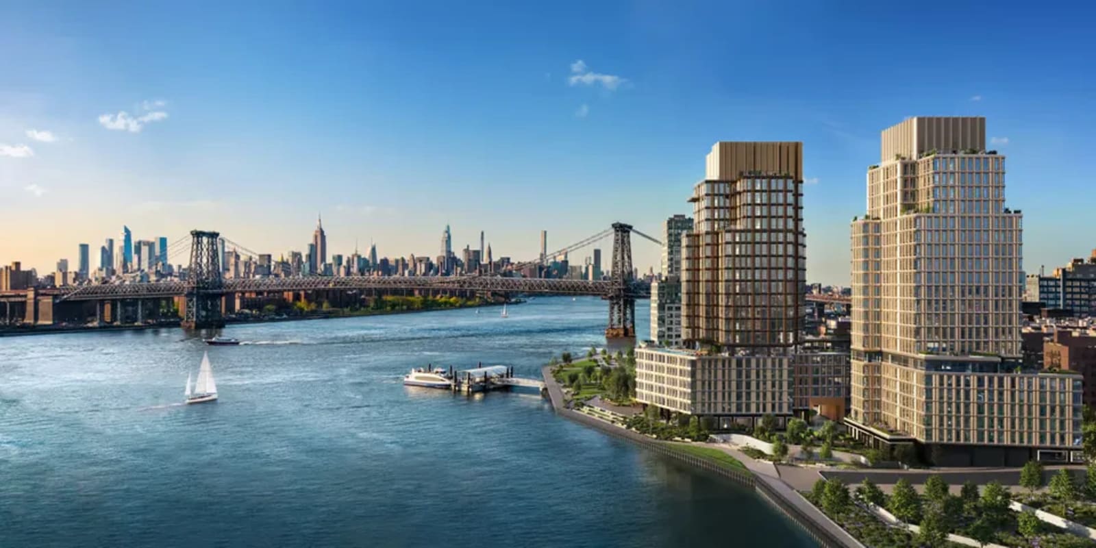 Williamsburg waterfront skyline with luxury condo towers along the Brooklyn shoreline