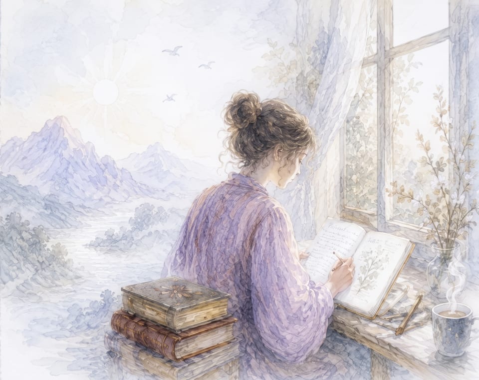 A quiet study by a window where a reader turns memories into written knowledge