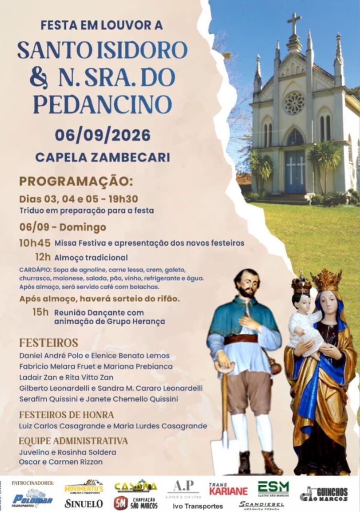 Festa em Louvor a Santo Isidoro e Nossa Senhora do Pedancino 2026 – Capela Zambecari em São Marcos (RS)