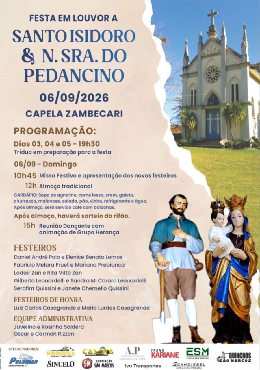 Festa em Louvor a Santo Isidoro e Nossa Senhora do Pedancino 2026 – Capela Zambecari em São Marcos (RS)